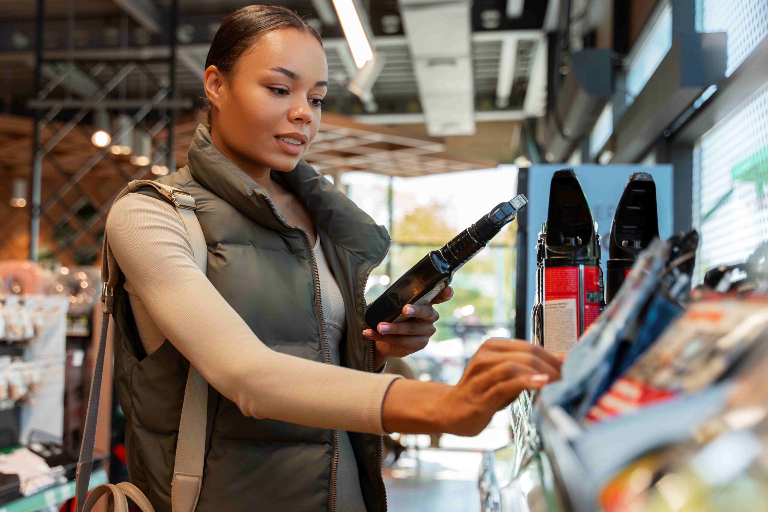 Mulher analisando qual produto comprar enquanto observa a prateleira